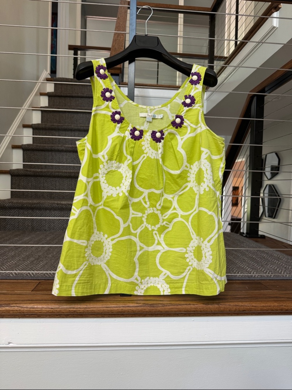 Boden Lime Green Floral Tank with Purple Flower Accents